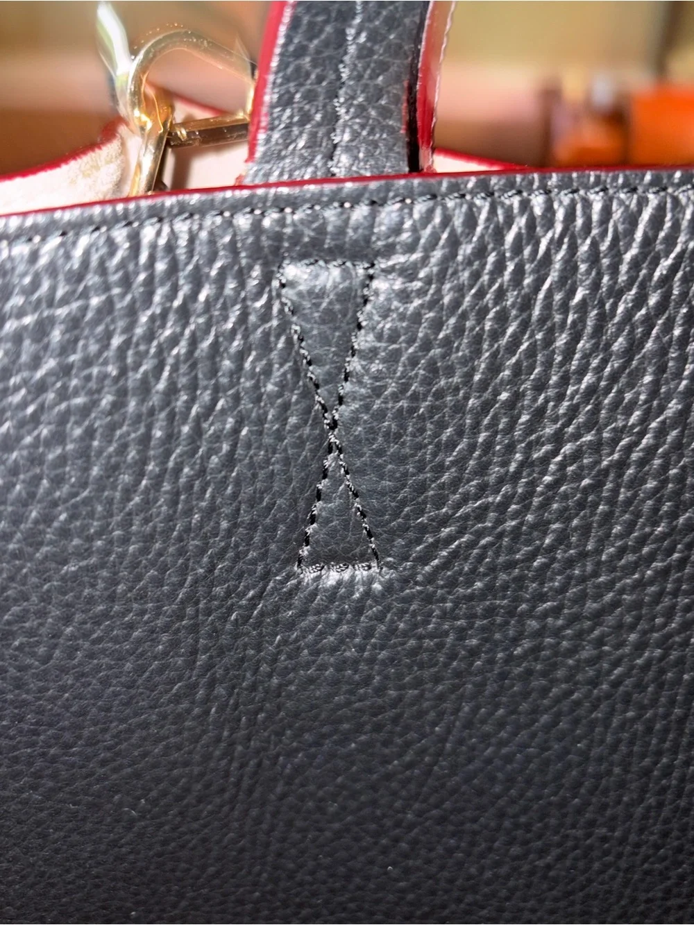 Beautiful Frances Valentine Black Pebbled Leather Tote with Red Trim - Exc Cond
